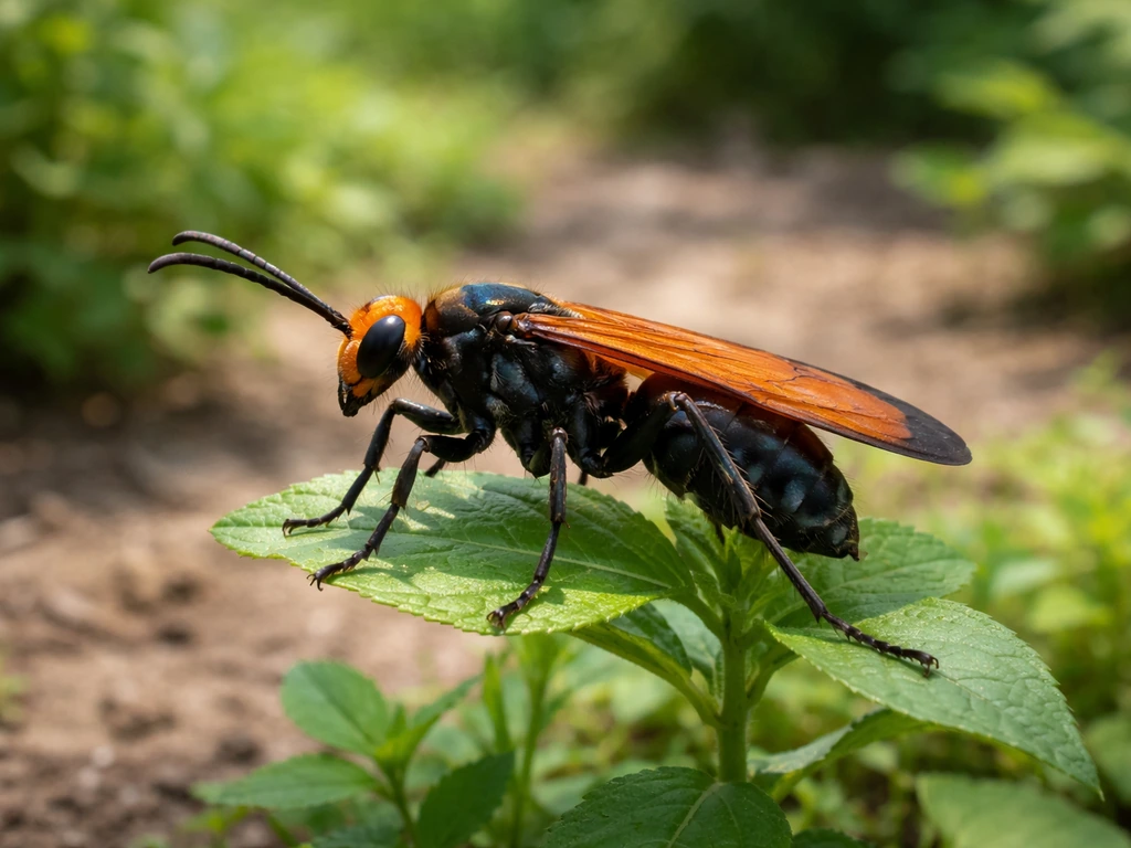 Orange-and-black tarantula hawk wasp perched on a green leaf in a sunlit garden