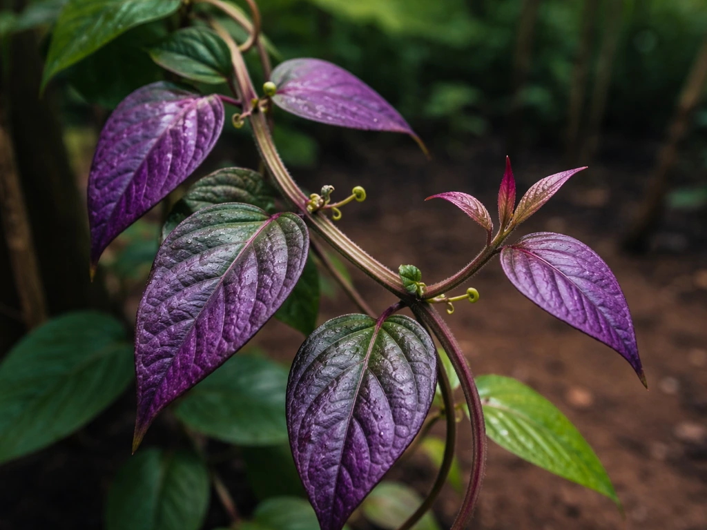 Thriving Banisteriopsis caapi vine with vivid purple new leaves in a simple natural cultivation setting.