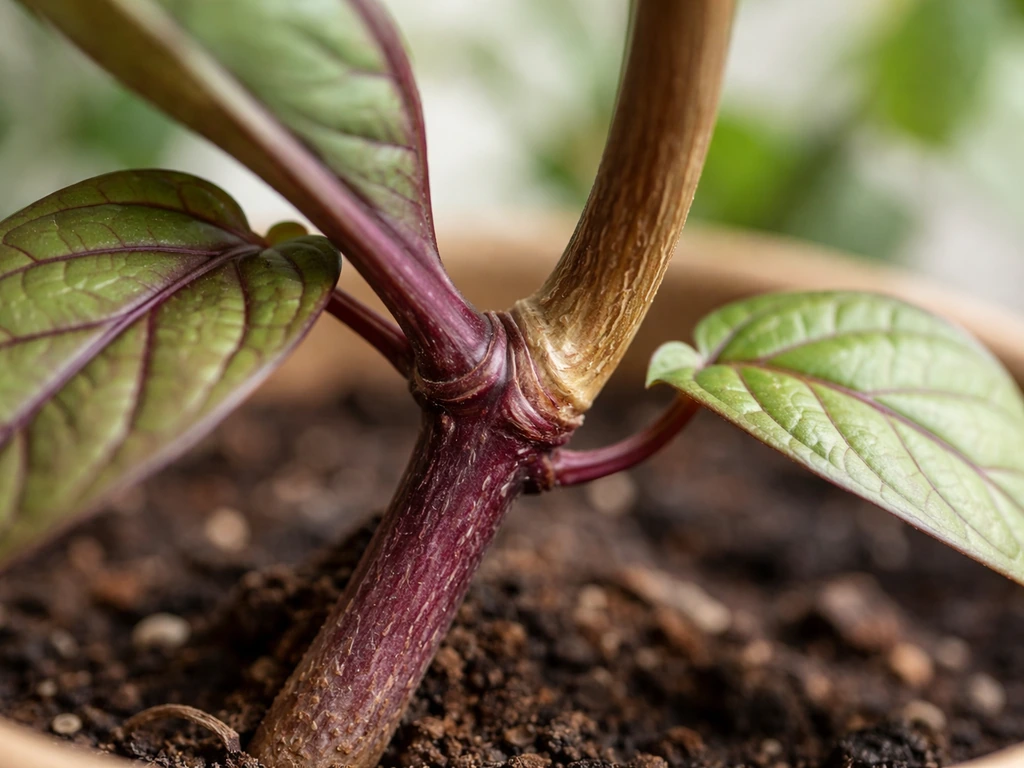 Close-up of Banisteriopsis caapi vine tips showing more-purple and less-purple anthocyanin growth.