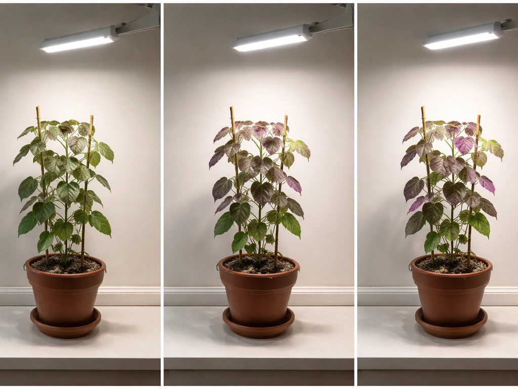 Potted caapi plant at different distances from a grow light, showing stronger purple in brighter light.