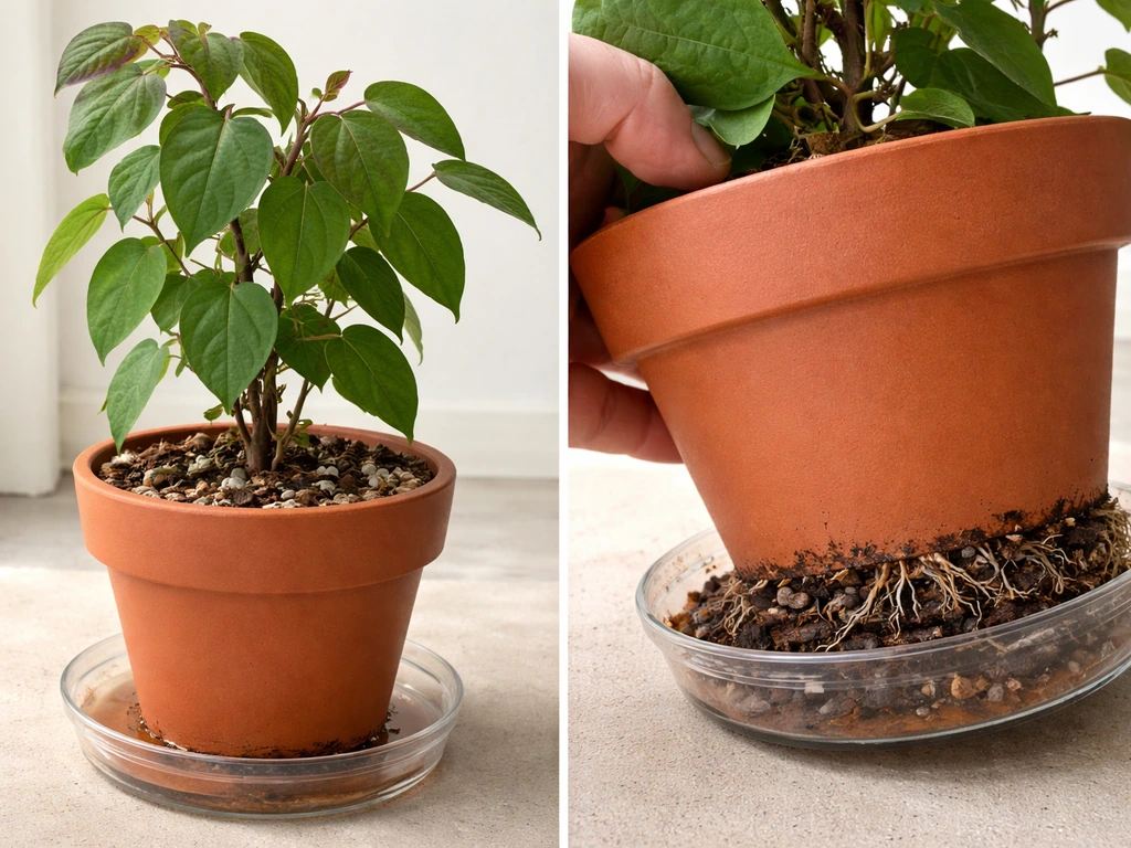 Caapi vine in a well-draining pot with drainage tray, close look at the base area and healthy leaves.