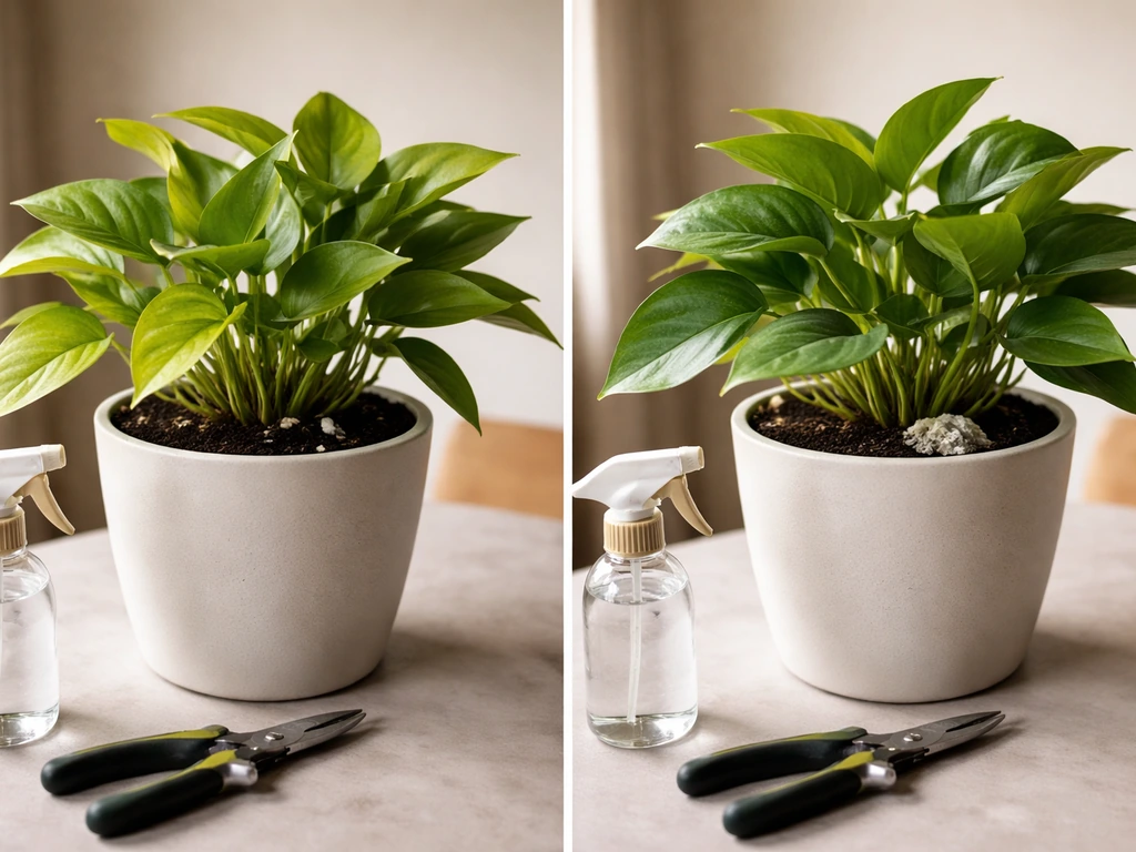 Two adjacent potted plants showing yellowing leaves and early soil mold, with spray bottle and pruners nearby.