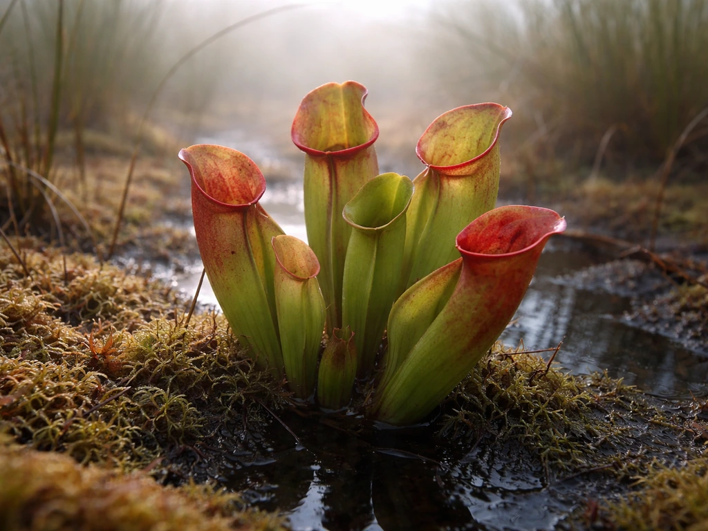 Pitcher plants in a natural bog with distinctive pitcher leaves emerging from wet moss.