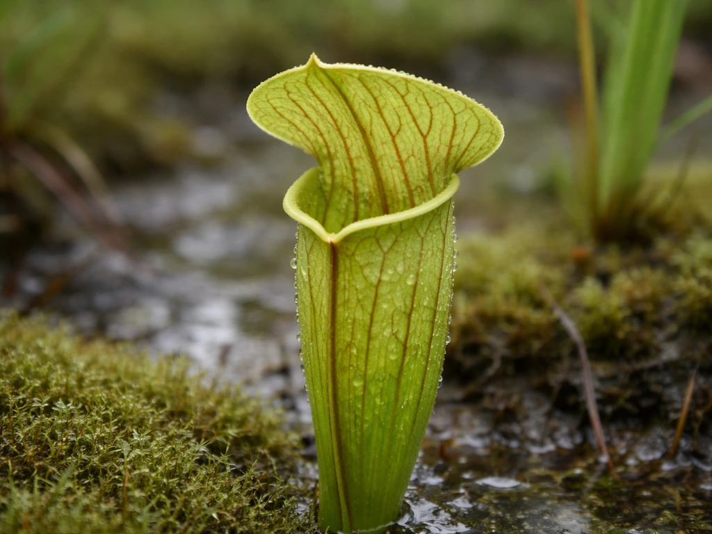 Close-up of a green pitcher plant in a natural bog setting, showing its unique curled rim and texture