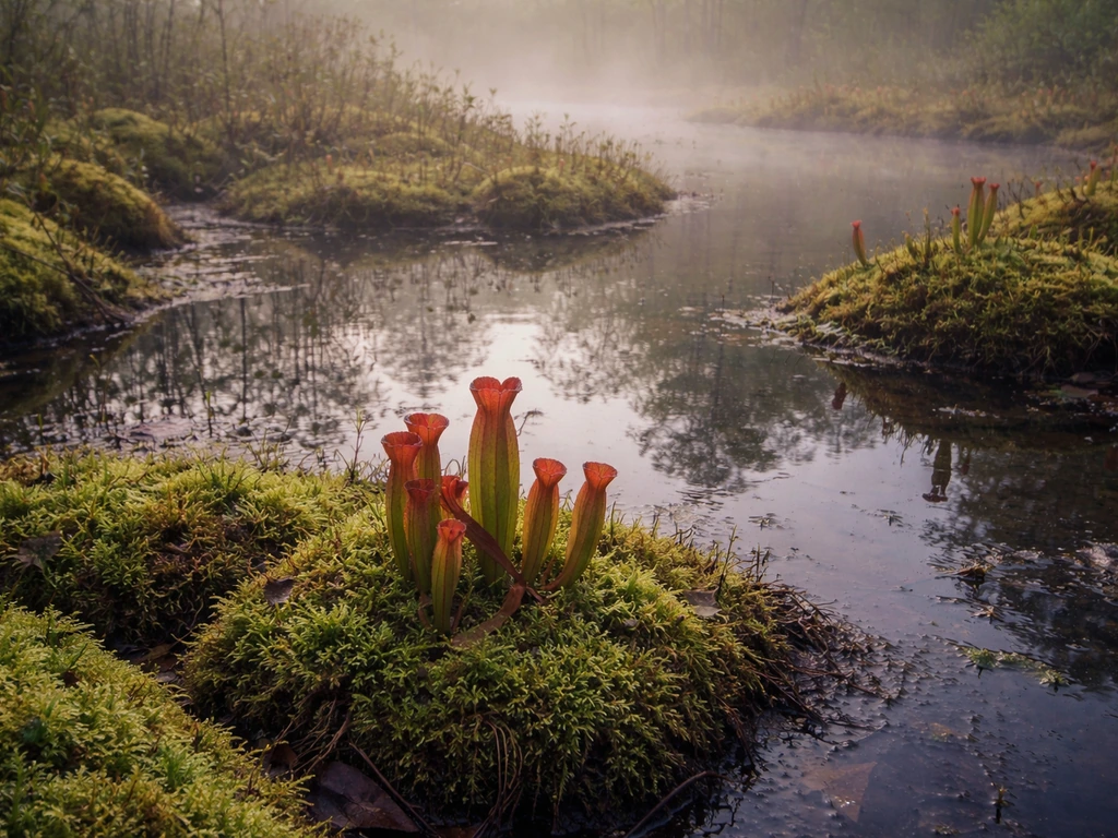 Misty bog with shallow water, sphagnum moss, and pitcher plants in nutrient-poor wetland conditions.