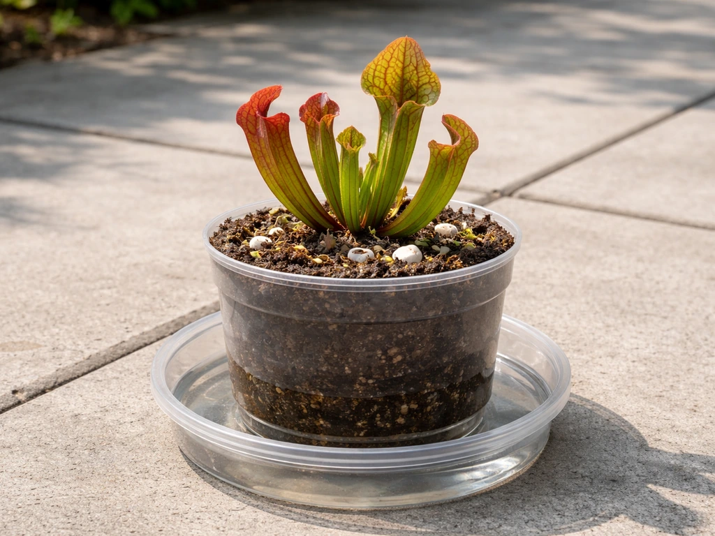 Pitcher plant in a plastic pot set over a shallow tray, bog-ready setup with acidic soil.