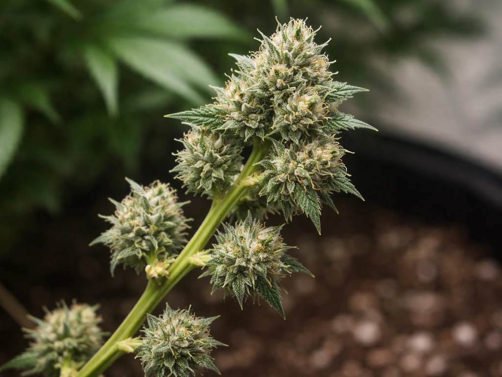 Close-up of a flowering cannabis plant section with buds and several fan leaves removed