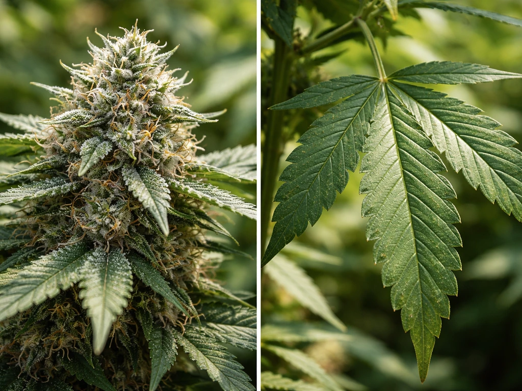Close-up of a flowering cannabis plant showing dense resinous buds beside large multi-finger fan leaves.