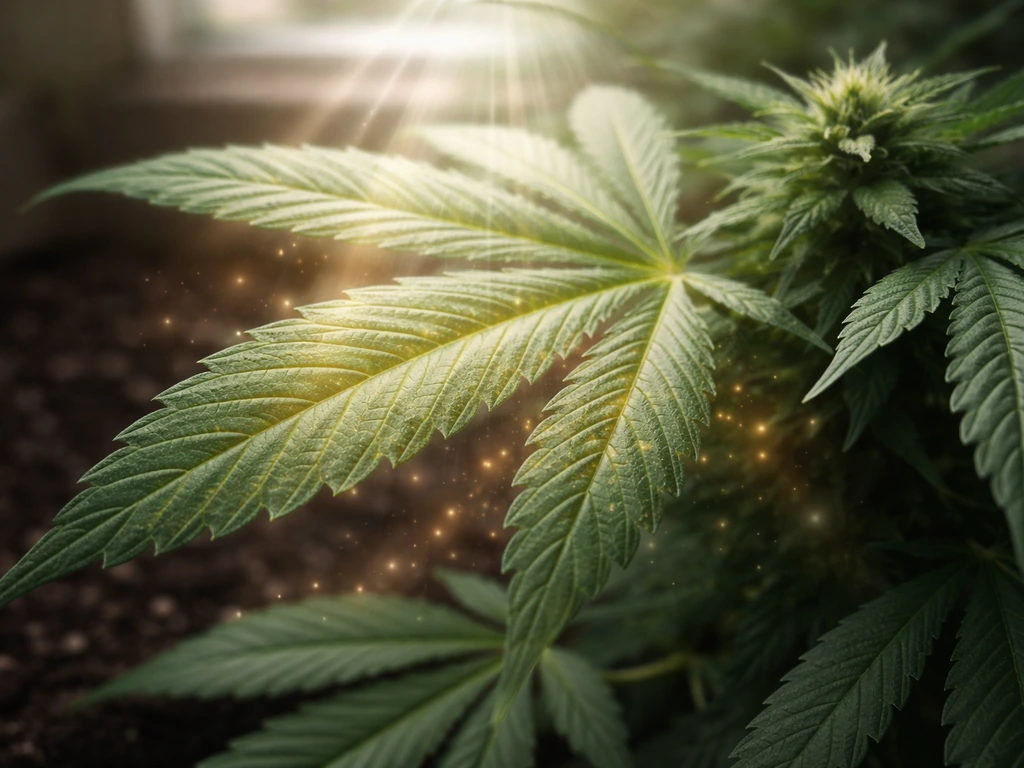 Macro view of cannabis fan leaves with glowing light entering and faint sugar-like particles drifting to buds