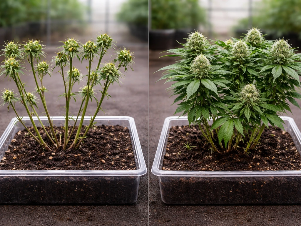 Two small plant canopy comparisons: full defoliation vs light strategic leaf removal, showing visible buds and recovery.