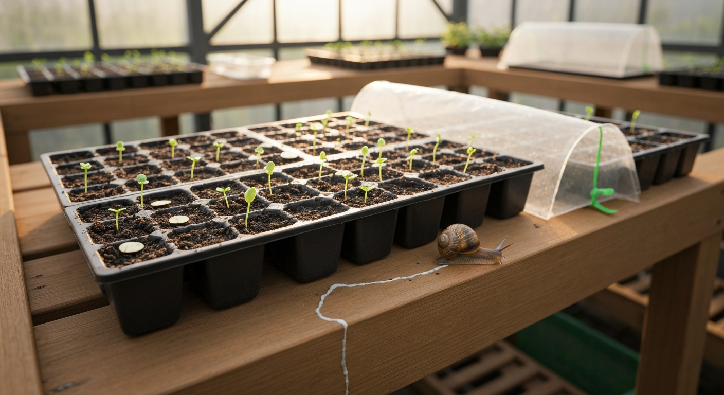 Raised seed trays in a greenhouse at dawn with tiny lily seedlings, flat papery seeds on the soil surface, and a silvery snail slime trail; a small garden snail sits nearby.