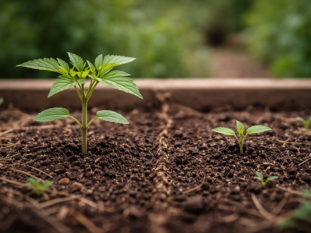 Two side-by-side seedlings in a garden bed: one early sprout taller, one late sprout smaller.