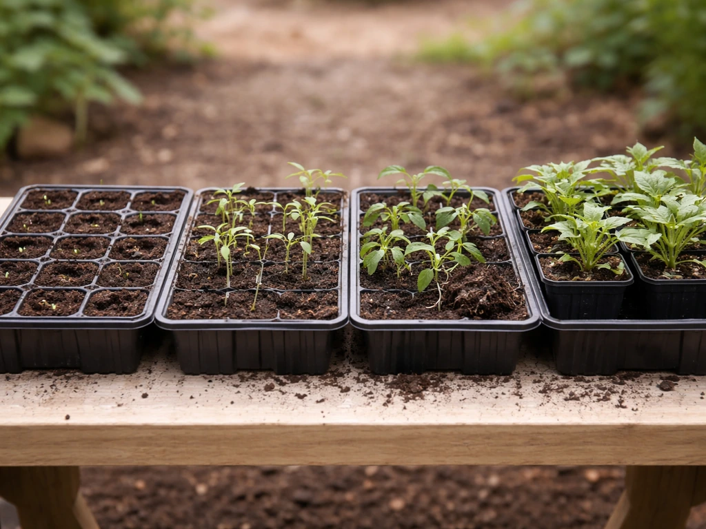 Garden seedlings in small pots showing delayed germination, slow growth, transplant shock, and slow flowering.