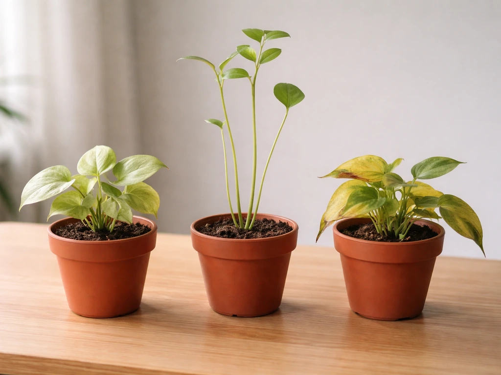 Three houseplants with different visible symptoms: pale leaves, spindly stems, and yellow/wilted foliage.