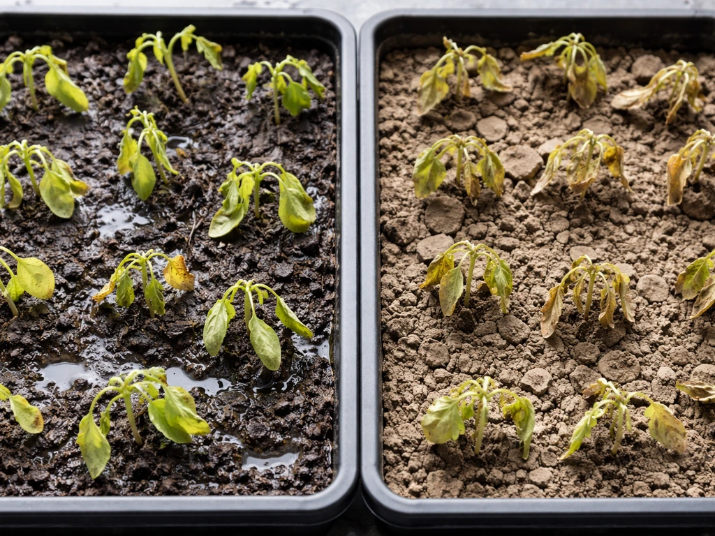 Split close-up of seedlings: left waterlogged yellow leaves, right dry crispy edges from underwatering.