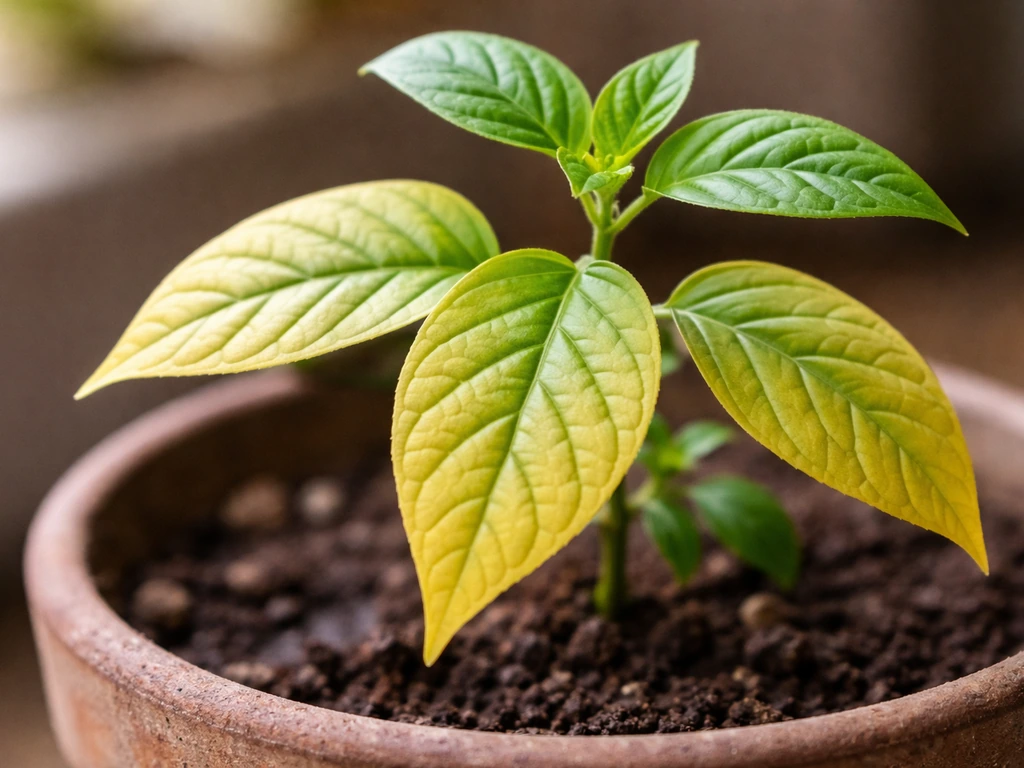 Macro close-up of a single plant with pale yellow-green older leaves and greener new growth.