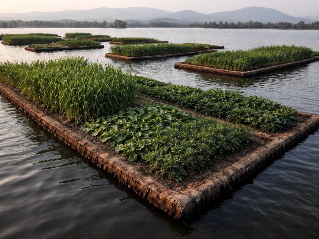 Overhead-angled view of chinampa floating raised garden beds with maize and vegetables growing in rows.
