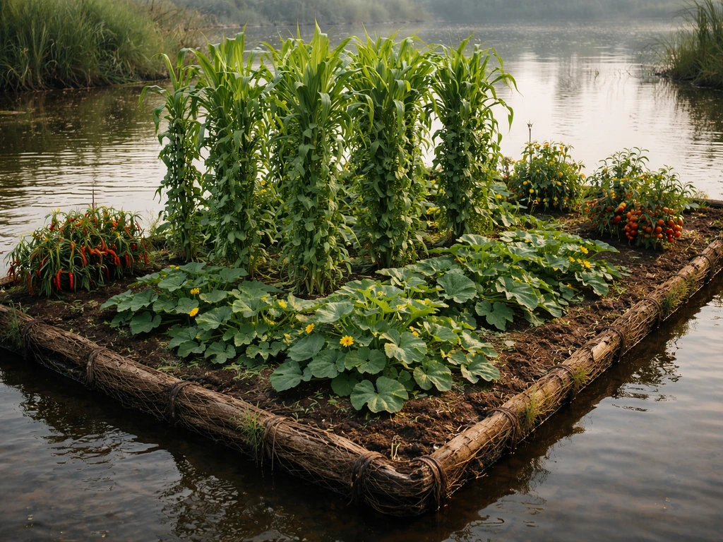 Chinampa-style farm bed with three-crop companion planting: maize, beans, squash, plus peppers and tomatoes