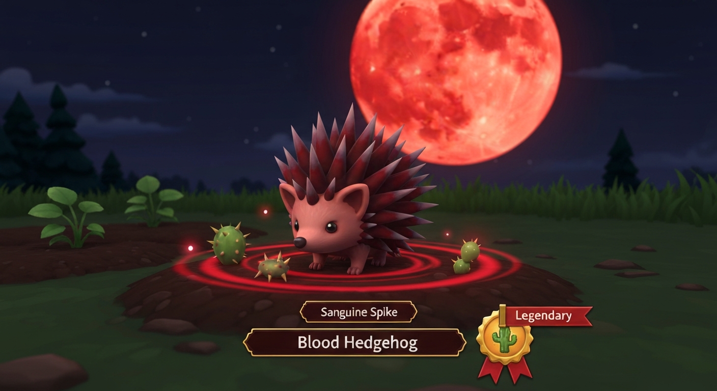 Stylized 3D render of the crimson Blood Hedgehog pet under a blood moon, with a Legendary ribbon and Sanguine Spike aura.