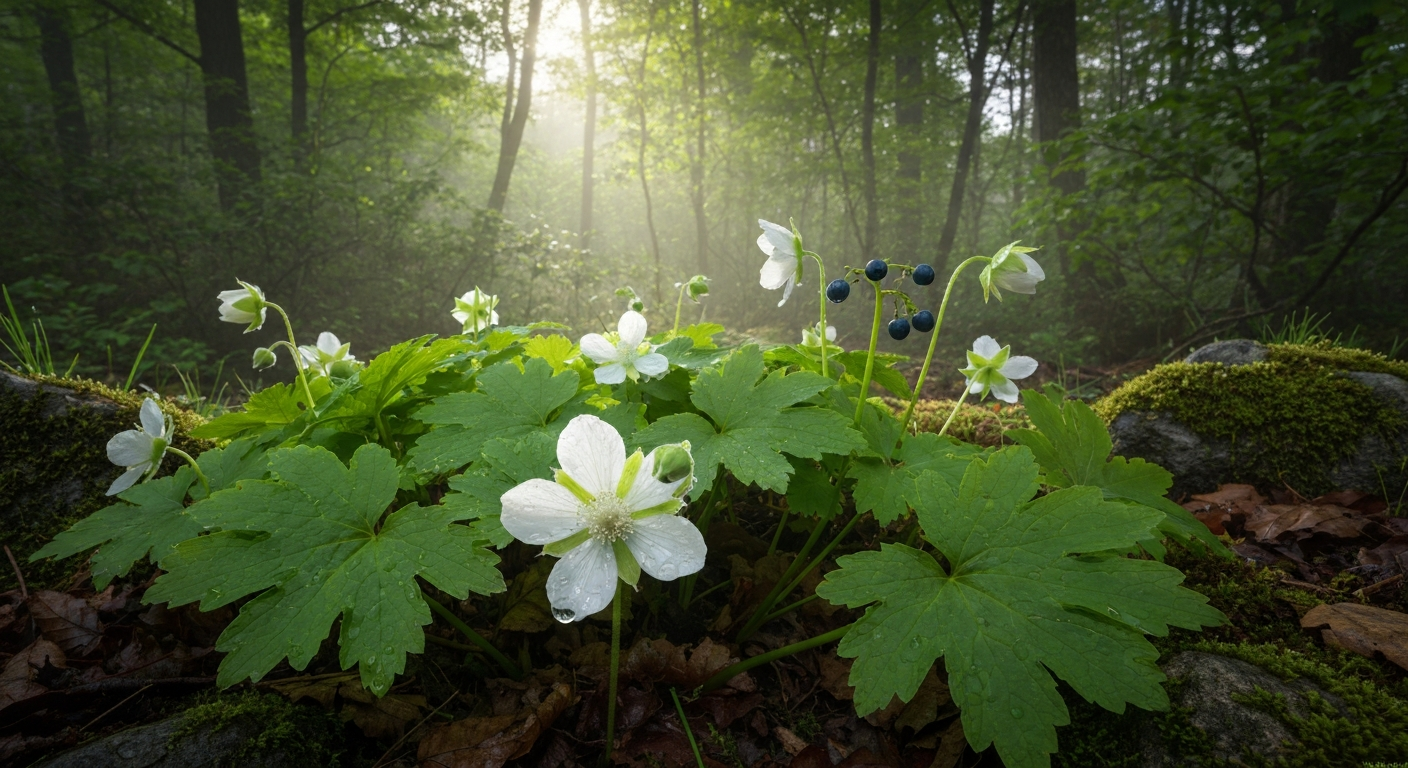 Clump of skeleton flowers (Diphylleia grayi) in a shaded mountain woodland: large lobed leaves, white flowers with one petal turned translucent from rain, blue-black berries, and leaf litter under a dappled canopy.