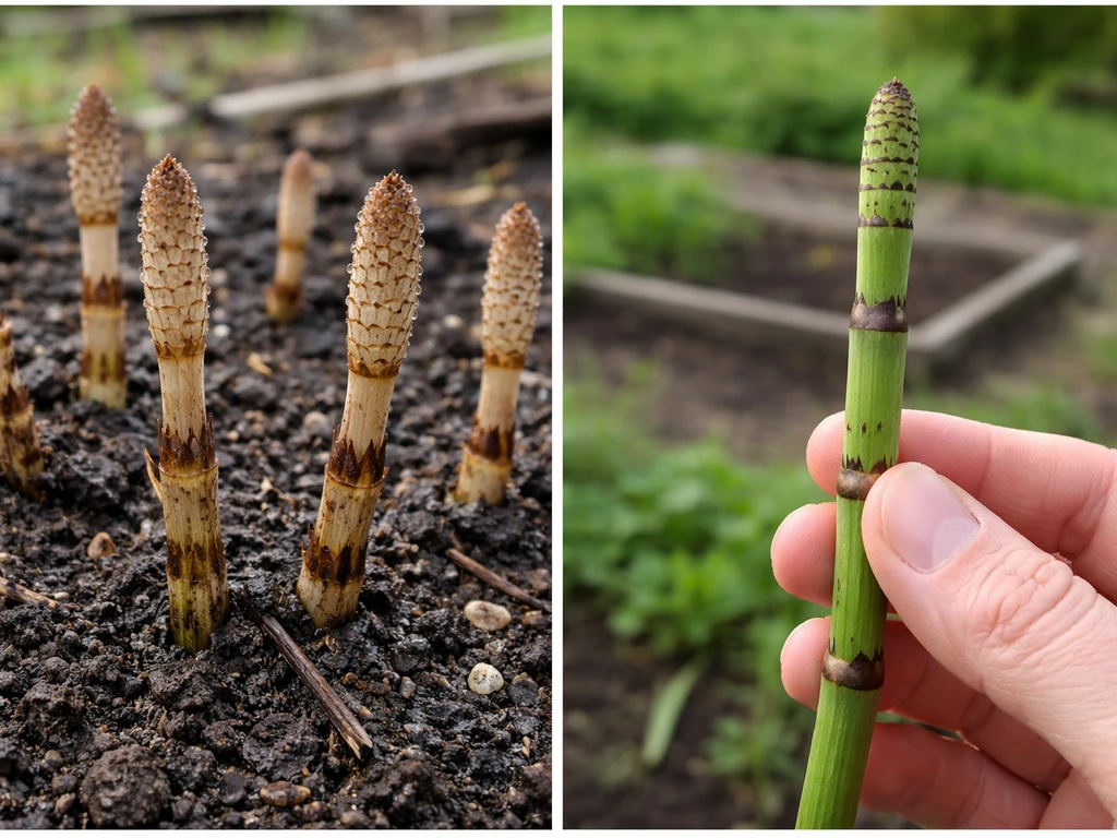 Early-spring horsetail shoots emerging from soil, with a gardener’s hand holding a hollow jointed stem.
