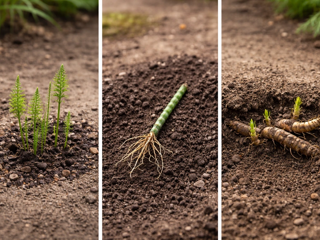 Three garden-ground close-ups showing different “rarity” ideas: uncommon plant, hard-to-source stem, and underground rhi