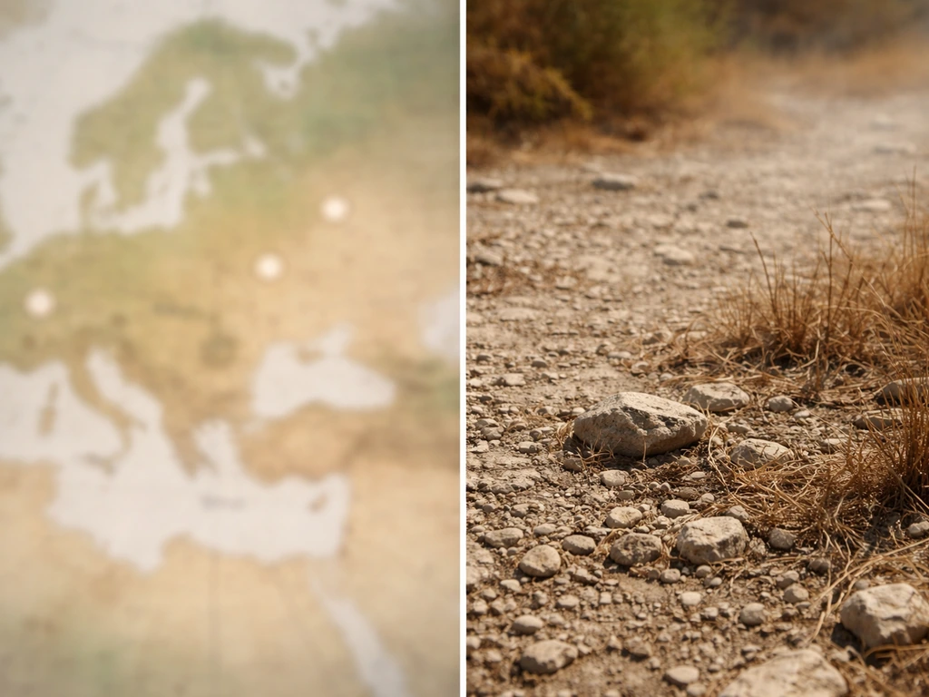 Sparsely pinned blurred Europe-to-Asia map backdrop contrasted with a dry rocky habitat strip.