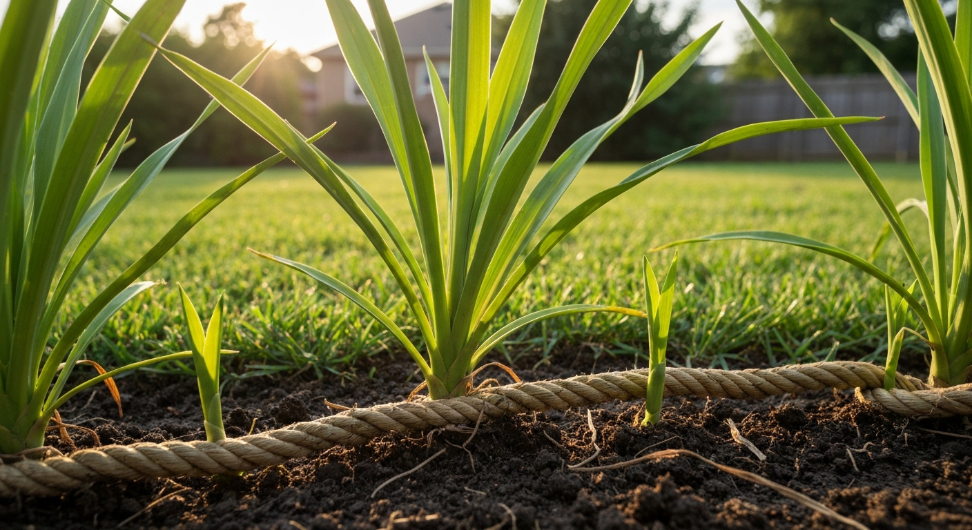 Close-up macro photo of St. Augustine grass showing broad blades and rope-like stolons with nodes and young shoots.