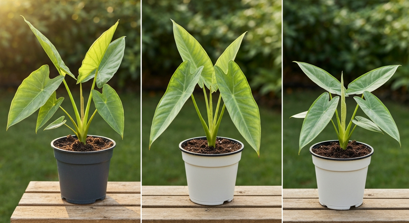 Three potted elephant ear plants (Colocasia, Alocasia, Xanthosoma) side by side showing different leaf shapes and orientations.