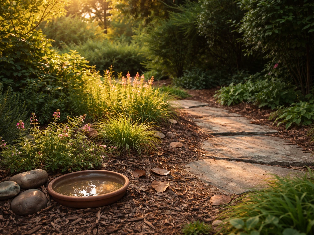 Outdoor bird-garden corner with sun patch and partial shade showing how shrubs need different light