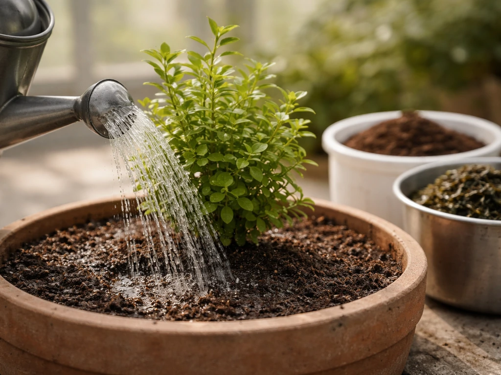 Close-up of a watering can pouring onto a potted shrub with seaweed-amended soil and compost beside it.