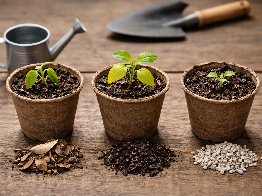Three potted seedlings showing wilting, yellowing, and stunted growth with simple gardening items for troubleshooting.