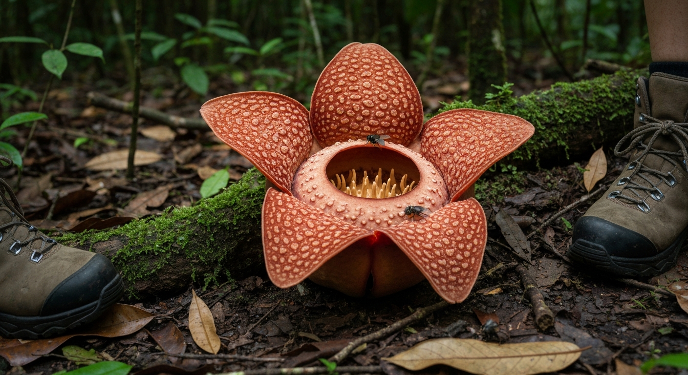 Photorealistic Rafflesia flower open on rainforest floor with flies and a boot at the edge for scale.