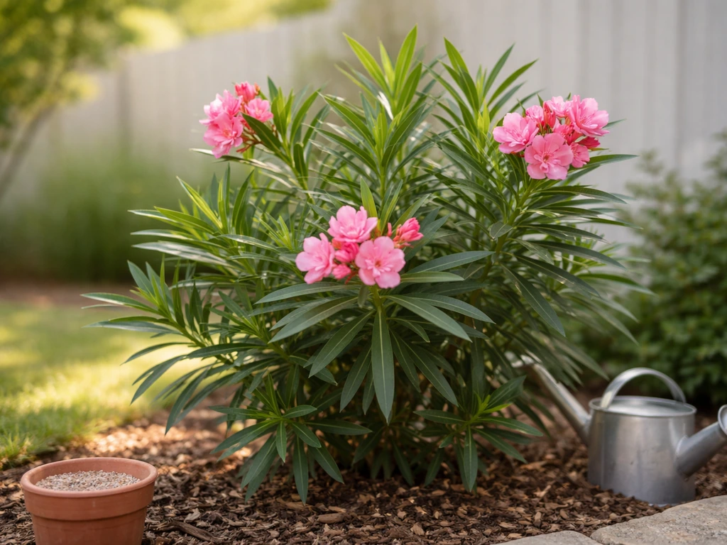 Oleander shrub outdoors with healthy green leaves and pink blooms in natural morning light.