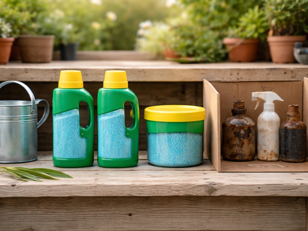 Minimal side-by-side lineup of generic gardening plant-food containers with an avoid divider and oleander leaf.