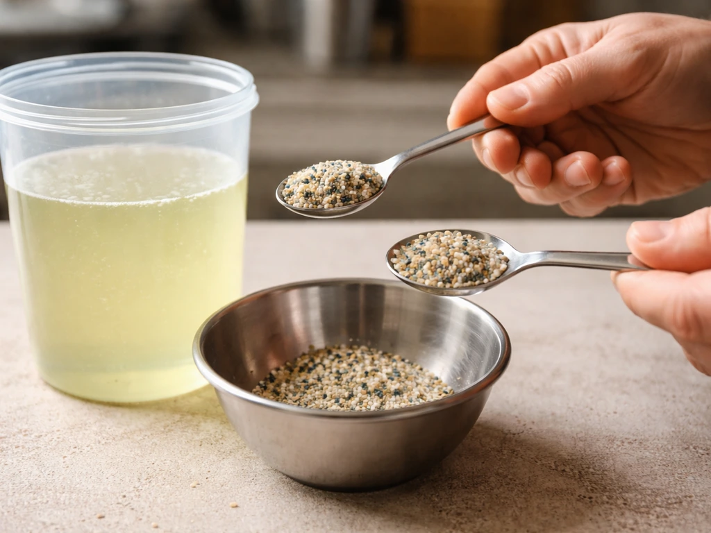 Hands measuring teaspoon and tablespoon of fertilizer granules beside a container of diluted solution.