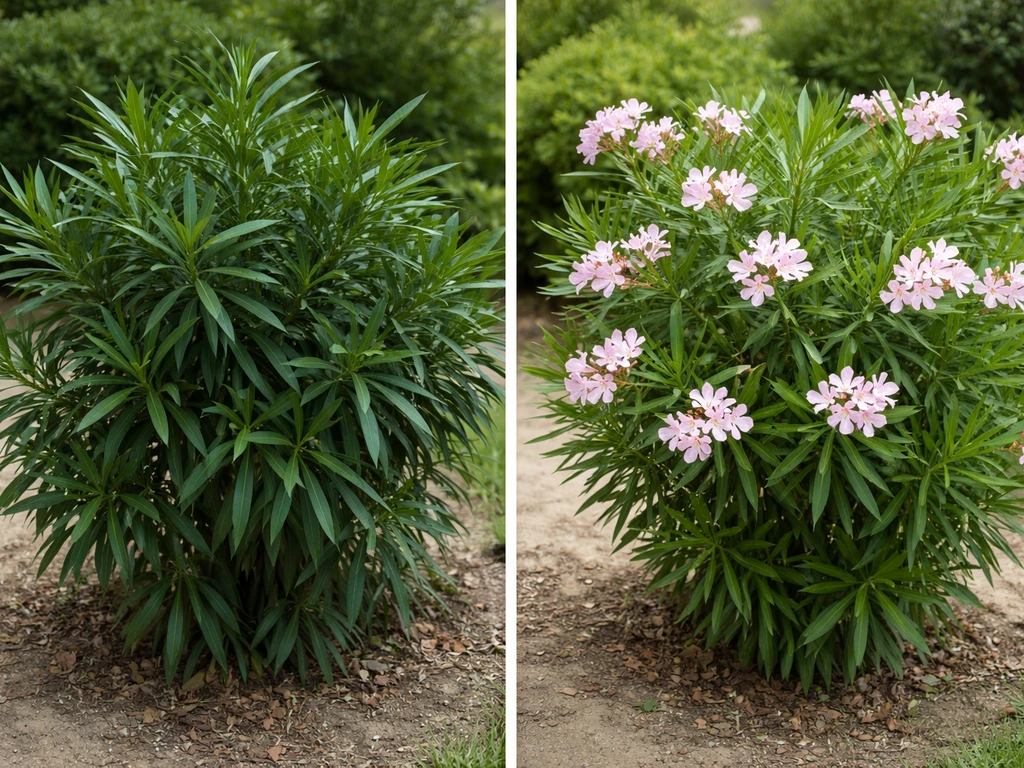 Left: oleander with dark, lush leaves and few blooms; right: flowering oleander with balanced green growth.