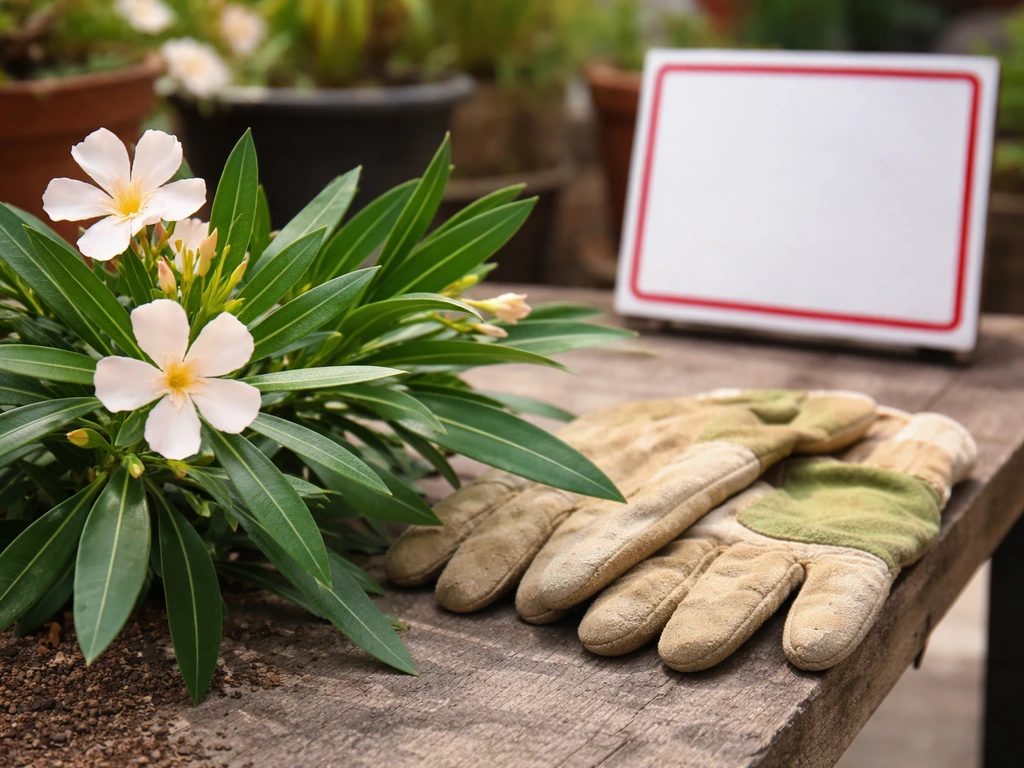 Nerium oleander leaves and flowers in close-up with safety gloves and a keep-away sign nearby.