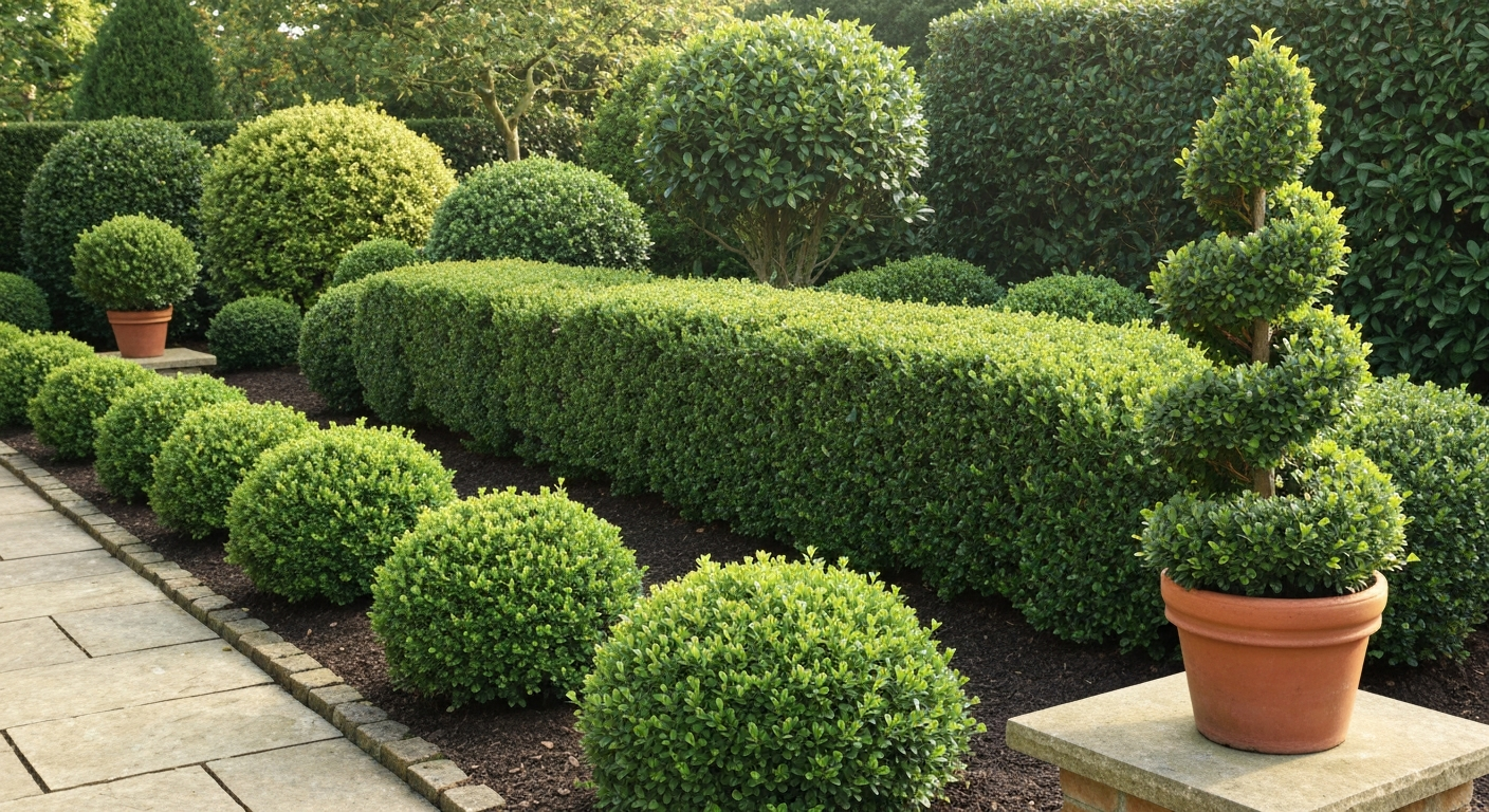 Garden scene showing multiple healthy boxwood forms — low edging, formal hedge, topiary column, and container plant — in morning dappled light.