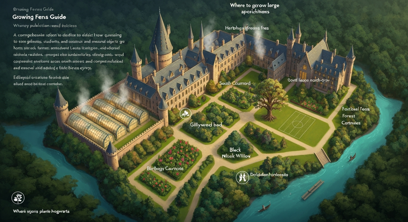 Aerial illustrative map of Hogwarts grounds showing greenhouses, courtyards, Black Lake north bank with aquatic beds, open lawns with a Whomping Willow, terraces and Forbidden Forest edge.