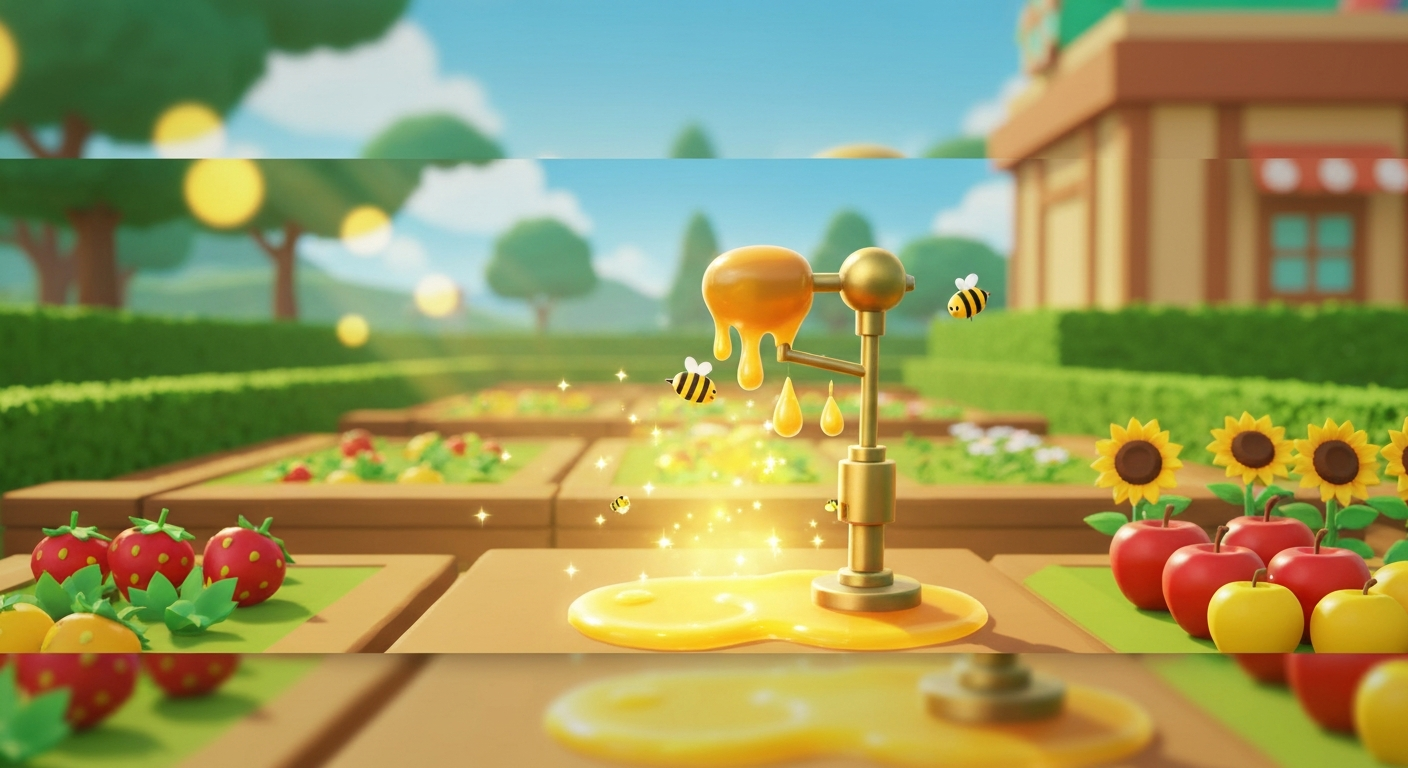 Illustration of a honey-themed decorative sprinkler glowing in a stylized garden, with honey sparkles and small bees orbiting, in a colorful low-poly game-art style.