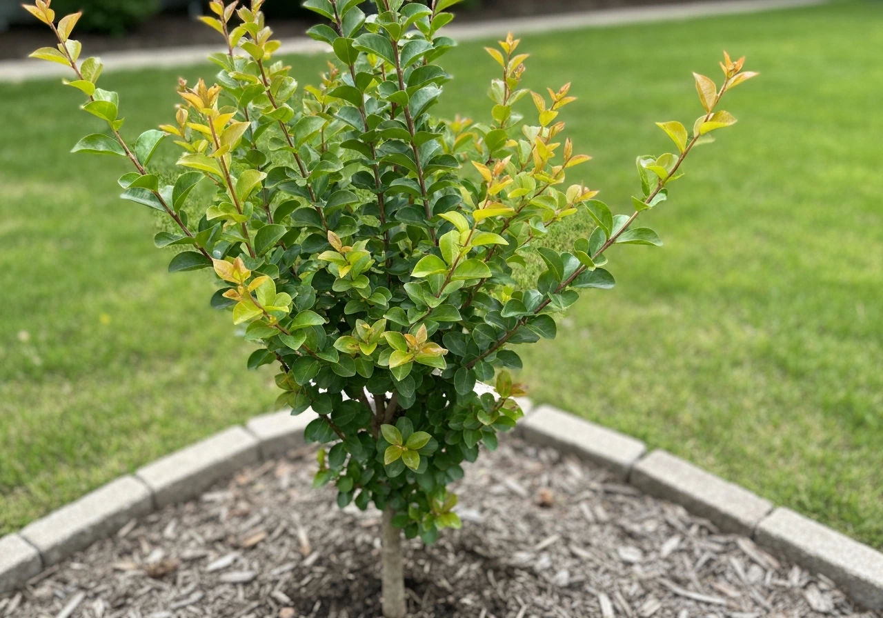 Thriving crepe myrtle with fresh spring leaves in a neat garden bed, suggesting fast healthy growth.