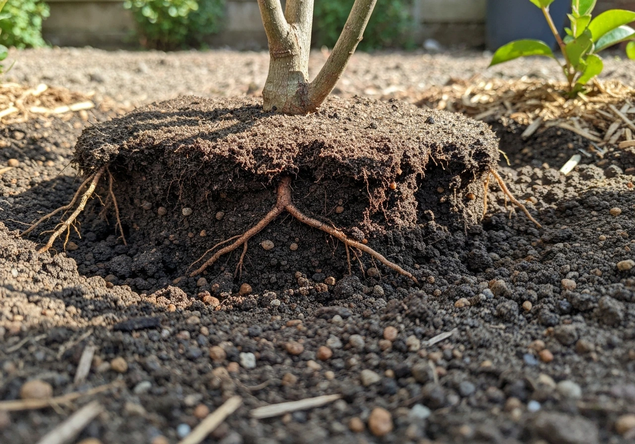 Close-up of crepe myrtle roots and well-drained soil with mulch, not waterlogged