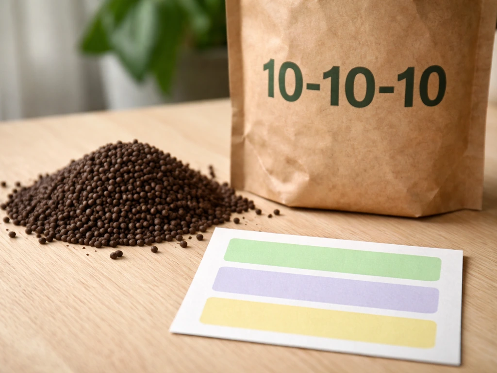 Close-up of fertilizer granules and a bag showing clear NPK numbers on a minimal tabletop setup.