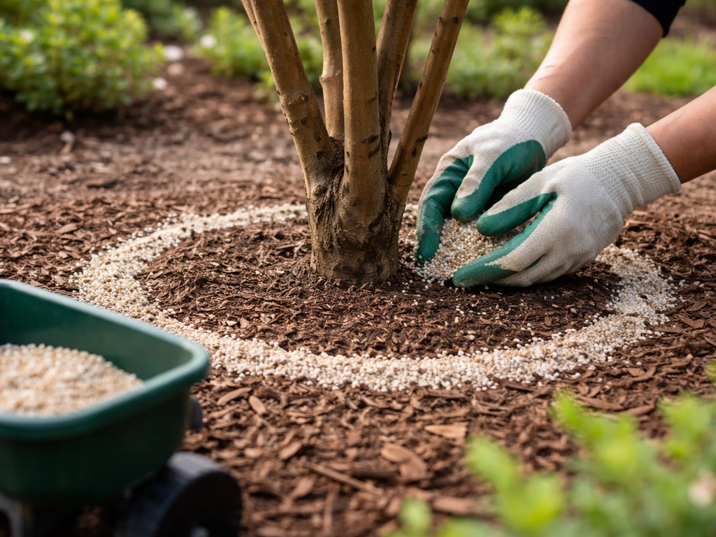 Gloved hands applying spring granulated fertilizer around a crepe myrtle trunk at proper distance.