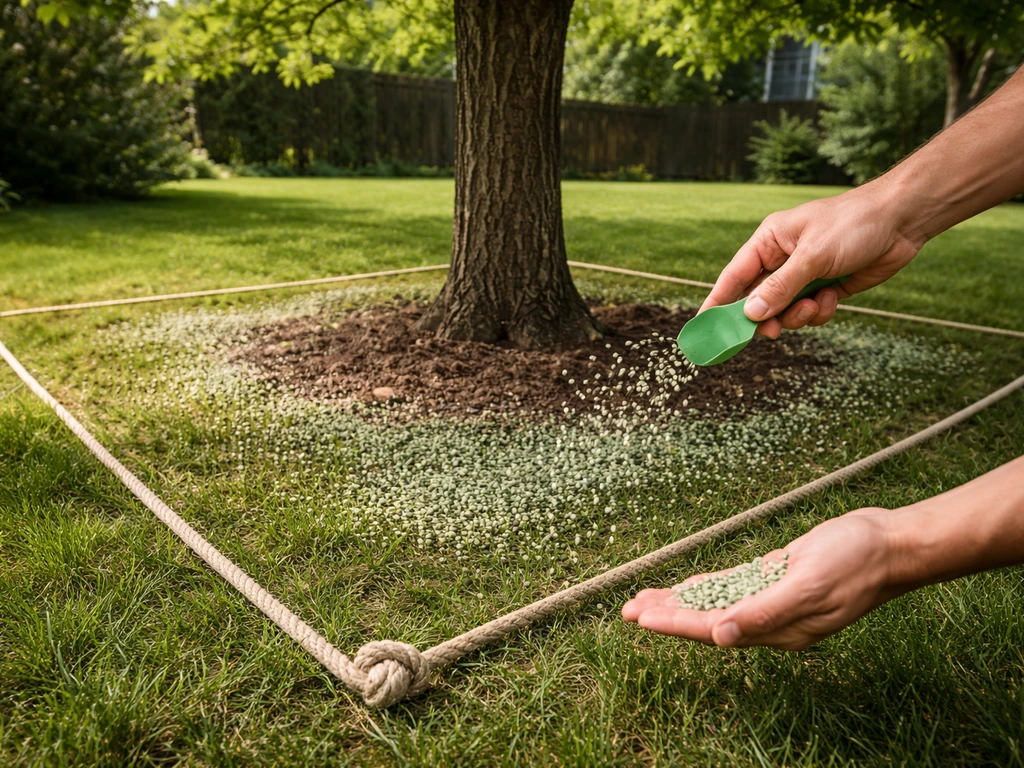 Hand scattering fertilizer granules evenly on grass within a rope-marked 100 sq. ft. area near a tree.