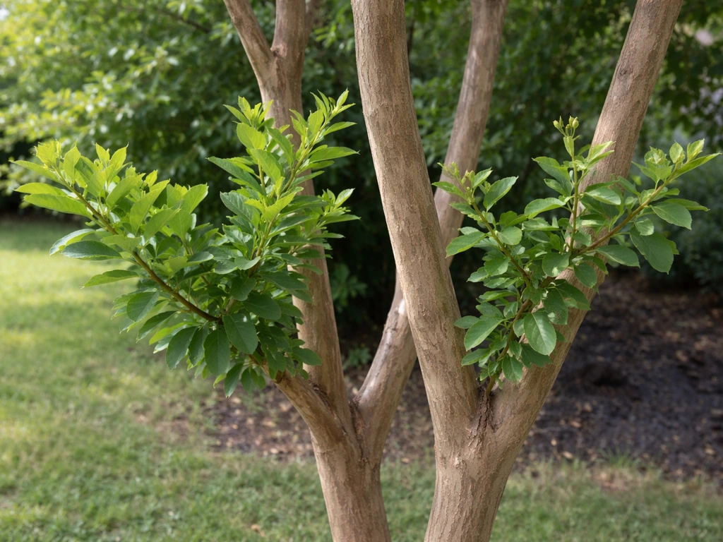 Two crepe myrtle branches: one with fresh green flush, one with limited new growth in a simple garden setting.