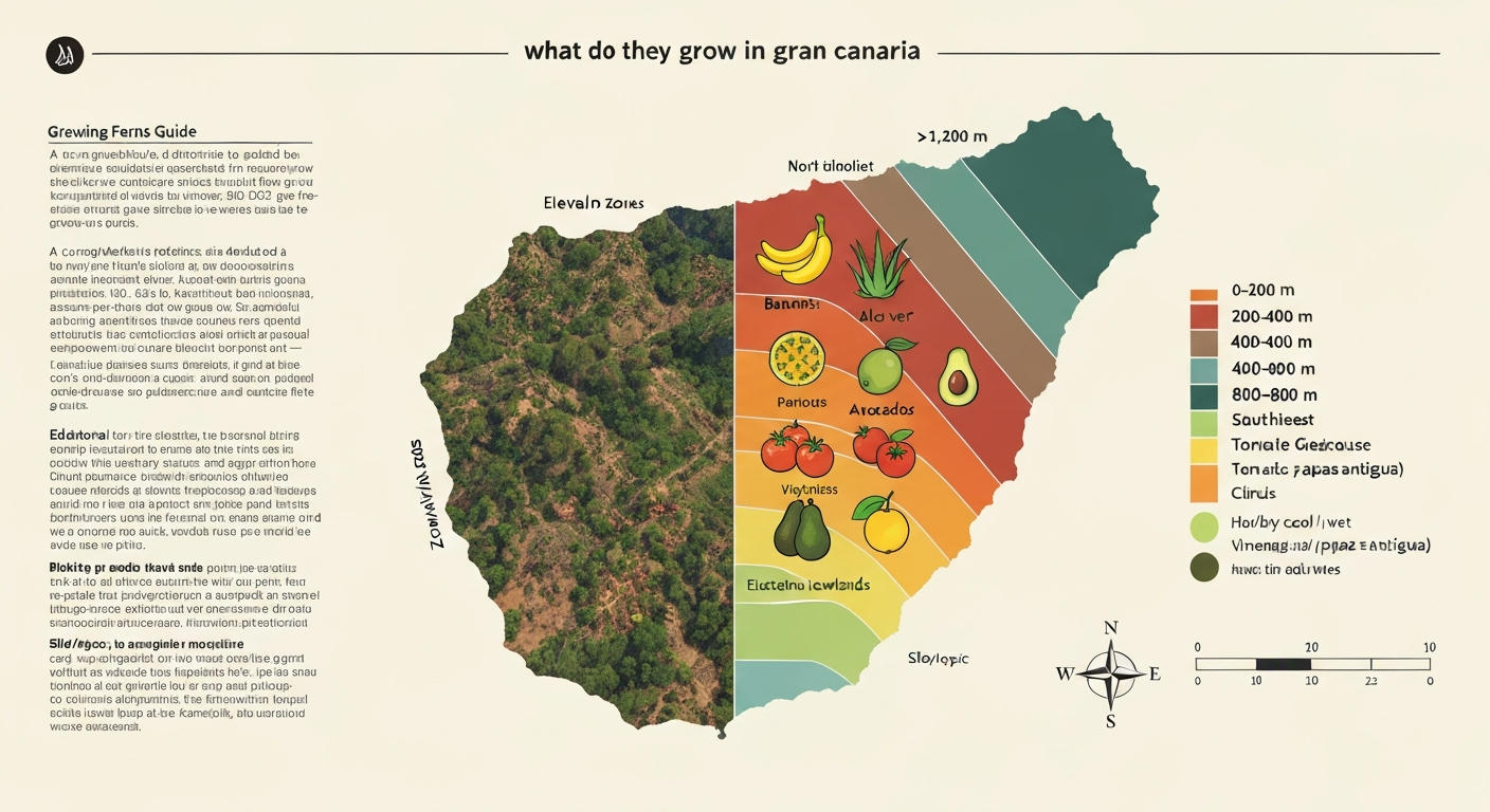 Infographic aerial map of Gran Canaria showing elevation bands, climate zones and icons for main crops (bananas, tomatoes, potatoes, grapes, aloe, avocados, citrus).
