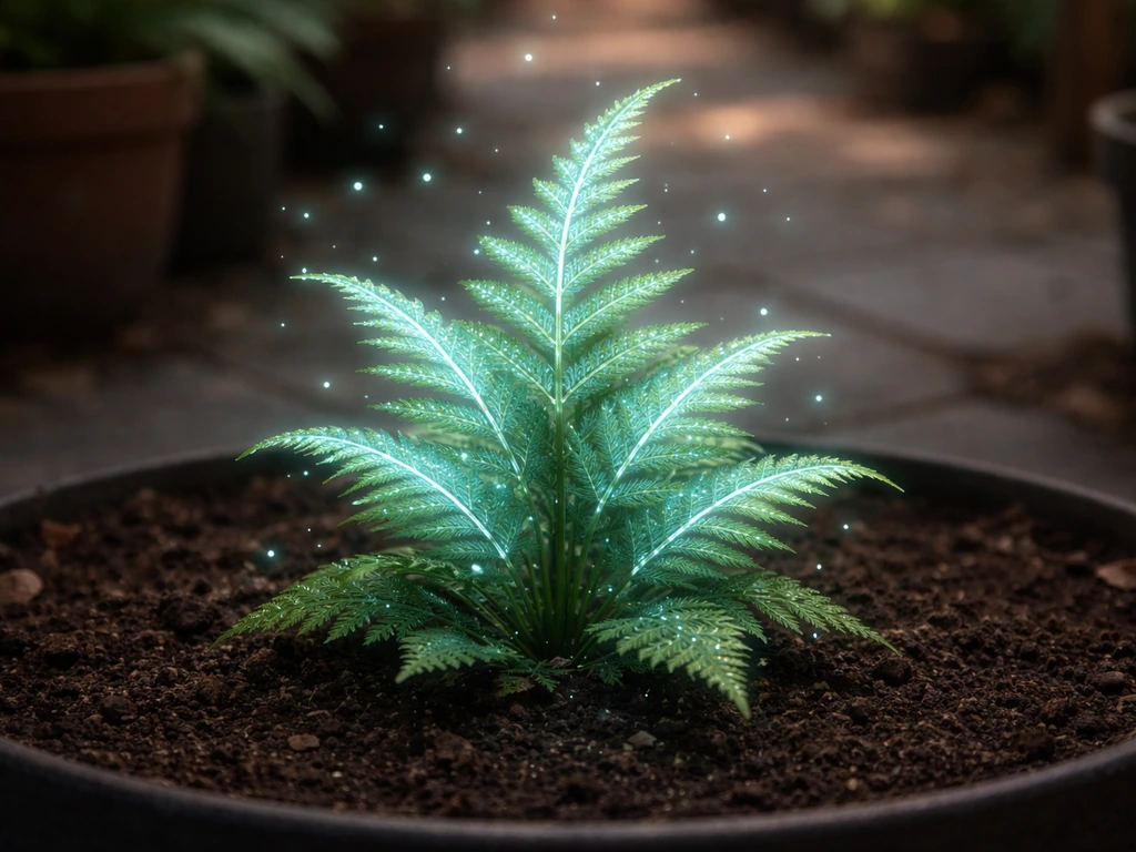 Glowing Firefly fern item in a simple pot, soft blue-green light and firefly particles in a minimal scene