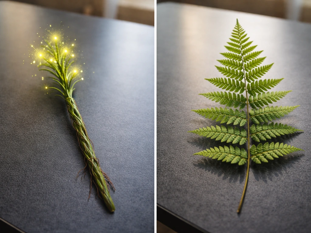 Left: green staff-like game prop; right: realistic fern fronds on a dark tabletop.